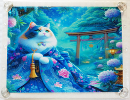 Art hand Auction ネコ日本帝国 91 着物と三毛猫 手描き&CG 絵画イラストオリジナル原画 A4