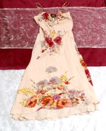 インド製細い人向け花柄亜麻色キャミソール膝丈スカートワンピース Made in India for thin people flax color camisole skirt onepiece