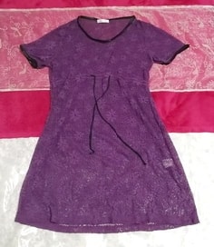 紫色针织蕾丝花卉图案/束腰外衣, 外衣, 短袖, 中等大小