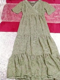 Dark green chiffon maxi flare one piece, dress & long skirt & medium size