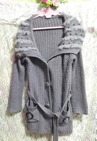 Ash gray knit sweater fur collar cardigan haori, ladies' fashion, cardigan, m size