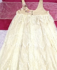 亜麻色フローラルホワイト綿と麻レーススカートマキシワンピース Flax floral white cotton and hemp lace skirt maxi onepiece