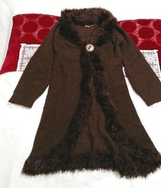 Темно-коричневый пушистый длинный жакет-кардиган на больших пуговицах, женская мода, кардиган, средний размер