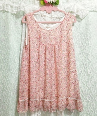 粉色花卉图案雪纺喇叭形无袖睡衣半身裙, 及膝裙, 尺寸