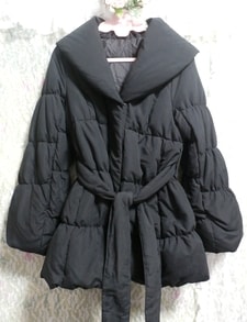 Black feather hood down coat with black down and feather hood