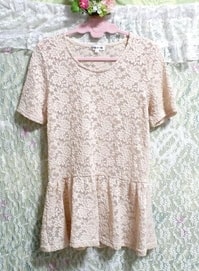 Light pink lace flower pattern tunic onepiece dress, tunic & short sleeves & L size