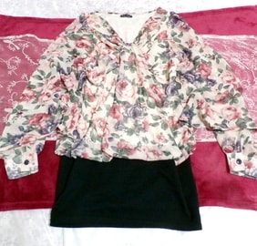 Jupe noire tunique en mousseline de soie une pièce motif fleur rose