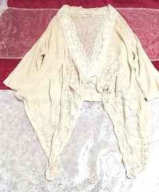 棉麻雪白色象牙色蕾丝开衫，女士时装和开衫，中等尺码