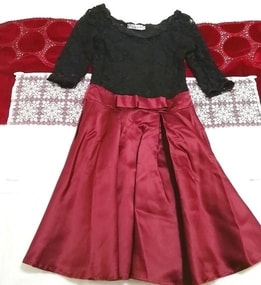 Vestido coreano de una pieza tops de encaje negro falda de satén rojo púrpura, vestido y falda hasta la rodilla y talla M