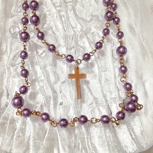紫パープル珠型十字架ネックレス首輪チョーカー/ジュエリー/お守りアミュレット Purple pearl necklace collar choker jewelry amulet