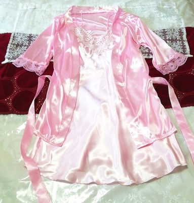 Pink satin haori gown nightgown nightwear camisole babydoll dress 2P, fashion, ladies' fashion, nightwear, pajamas