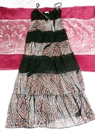 Red white floral pattern black lace camisole maxi long skirt one piece