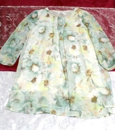 Yellow-green floral pattern fluffy chiffon tunic / tops Fluffy flower pattern chiffon tunic / tops, tunic & long sleeves & medium size