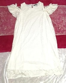 白色肩部蕾丝短袖睡衣束腰连衣裙，束腰外衣和短袖，中码