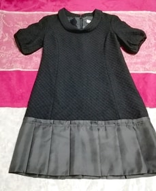 LAISSE PASSE 黒ニット裾サテン半袖チュニックワンピーストップス日本製 Black knit hem satin short sleeve tunic onepiece made in Japan