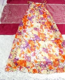 オレンジ紫花柄シフォンキャミソールマキシワンピース Orange purple floral print chiffon camisole maxi onepiece