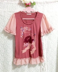 轴女性粉红色 T 恤刺绣短袖束腰上衣、束腰外衣和短袖和中号
