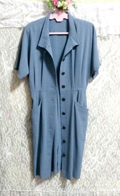 青ブルーボタン付きシンプルワンピースロングカーディガン羽織 Simple onepiece long blue cardigan with blue button
