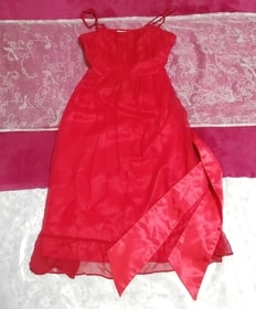 絹シルク100%真紅赤腰紐付キャミソールシフォンワンピースドレス Silk 100% crimson red camisole chiffon onepiece dress
