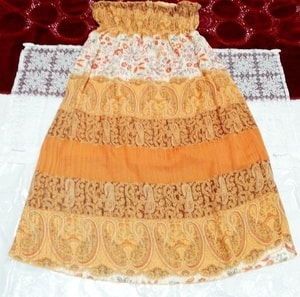 印第奥橙色民族图案100％纯棉雪纺长裙，长裙和喇叭形裙，褶皱裙和M码