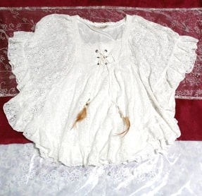 Túnica / blusas de estilo poncho de algodón de encaje de plumas blancas, túnica y otro largo de manga y talla M
