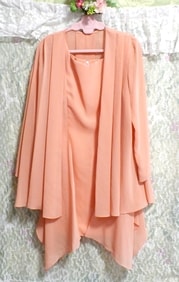 C'ESTLAVIE Оранжевый шифоновый кардиган хаори и шифоновое платье с воротником Комплект из двух предметов Сделано в Японии Сплошной оранжевый шифоновый кардиган