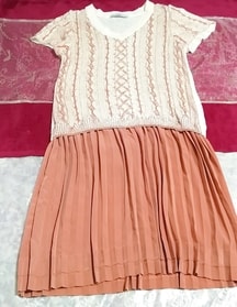 白ピンクニットトップスシフォンスカートワンピース White pink knit tops chiffon skirt onepiece