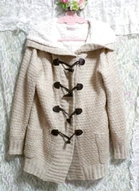 Cárdigan / exterior con capucha y botón de concha esponjosa de color lino, moda y cárdigan para mujer y talla L