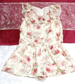フローラルホワイトピンク花柄ノースリーブキュロットフリルワンピース Floral white pink floral pattern sleeveless culottes onepiece