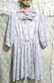 浅蓝色花卉图案雪纺长款睡袍连衣裙, 外衣, 短袖, 中等大小