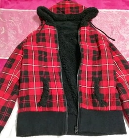 Red black check pattern hood coat cardigan mantle, coat & coat general & L size