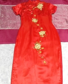 أحمر لامع ساتان ماكسي قطعة واحدة فستان شيونغسام الصين