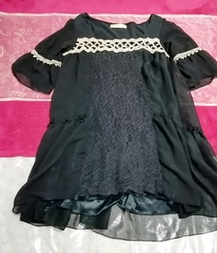 Black chiffon and cotton long sleeve tunic onepiece tops