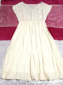フローラルホワイトシフォンプリーツスカートワンピースドレス Floral white chiffon pleated skirt onepiece