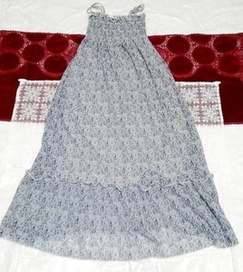 Blue gray ethnic pattern chiffon camisole maxi dress, dress & long skirt & M size
