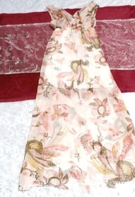 粉色民族图案雪纺透视长裙连身裙、束腰外衣和短袖和 M 码