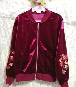 紫パープルベロアパーカー花柄刺繍/カーディガン/羽織 Purple velour parker flower pattern embroidery cardigan