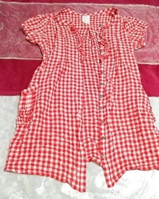 赤チェック柄コットンシャツ羽織カーディガン Red plaid cotton shirt haori cardigan, レディースファッション&カーディガン&Mサイズ
