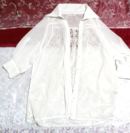 白ホワイトレースシースルーシフォンブラウス/トップス/羽織 White lace see through chiffon blouse/tops