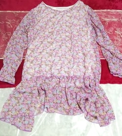 Purple flower pattern hem frill chiffon tunic / tops / onepiece