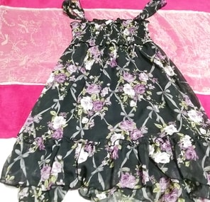 黒紫花柄シフォンノースリーブチュニックワンピース Black purple floral print chiffon sleeveless tunic onepiece