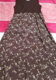 茶色ニットトップス花柄スカートノースリーブマキシワンピース Brown knit tops floral skirt sleeveless maxi onepiece