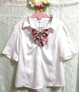 女子高生制服コスプレリボン付シャツ Schoolgirl uniform cosplay shirt with ribbon, チュニック&半袖&Mサイズ