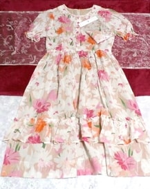 七彩粉红橙色花卉图案2荷叶边裙一件/中山装，连衣裙和膝盖长度的裙摆&M尺寸