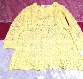 黄色お花編みレース長袖/セーター/ニット/トップス Yellow flower lace long sleeve sweater knit tops