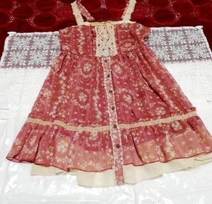 赤ピンク紫花柄ガーリーシフォンキャミソールワンピース Red pink purple floral girly chiffon camisole dress