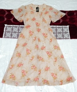 日本製亜麻色オレンジ花柄ワンピースタグ付 Made in japan flax orange floral dress with tag