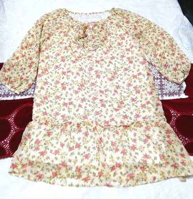 黄色花柄フリルネグリジェチュニックワンピース Yellow floral pattern negligee tunic dress, ワンピース, ひざ丈スカート, Mサイズ