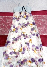 牛仔布吊带背心雪纺花卉图案长长裙一件式连衣裙