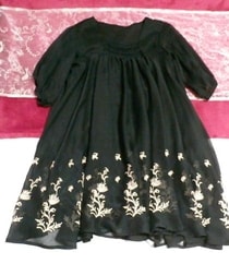 Chiffon onepiece tunic black embroidery / tops, tunic & short sleeves & medium size